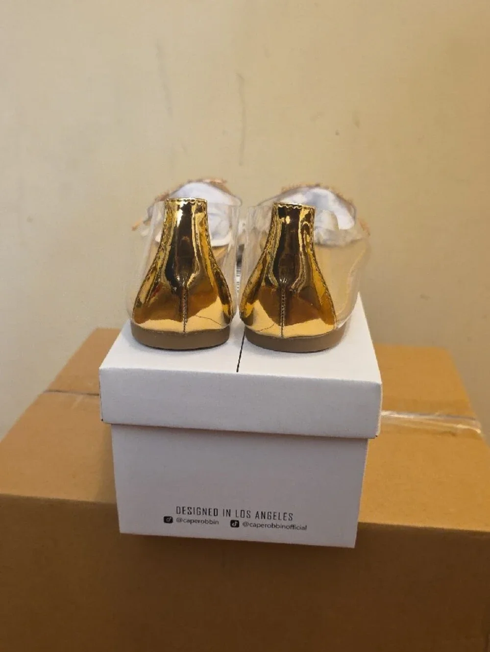 Cape Robbin Clear & Gold Pointed Slingback Flats with Crystal Floral Accent